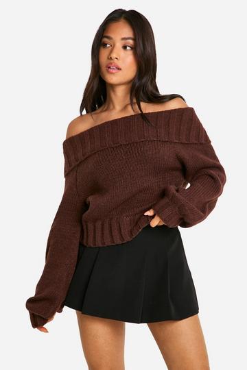 Petite Ribbed Off The Shoulder Balloon Sleeve Knitted Sweater chocolate