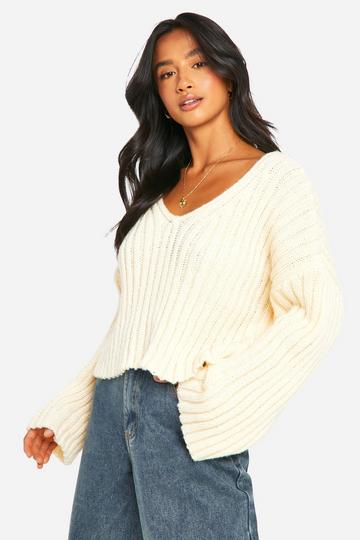 Ivory White Petite Ribbed V Neck Cropped Knitted Sweater