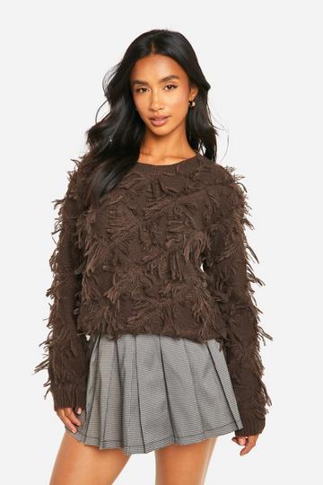 Petite Fringe Detail Crop Knitted Jumper chocolate