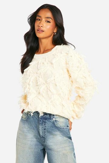 Ivory White Petite Fringe Detail Crop Knitted Sweater