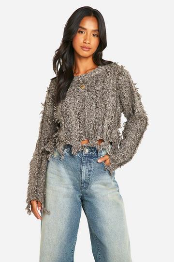 Petite Marl Frayed Hem Crop Knitted Jumper brown