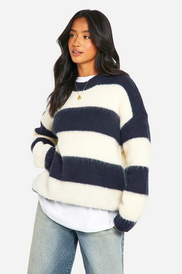 Petite Brushed Striped Oversized Knitted Jumper navy