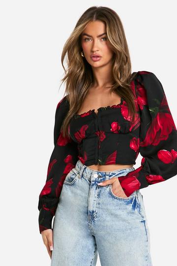 Rose Print Frill Hem Hook And Eye Milkmaid Corset Top black