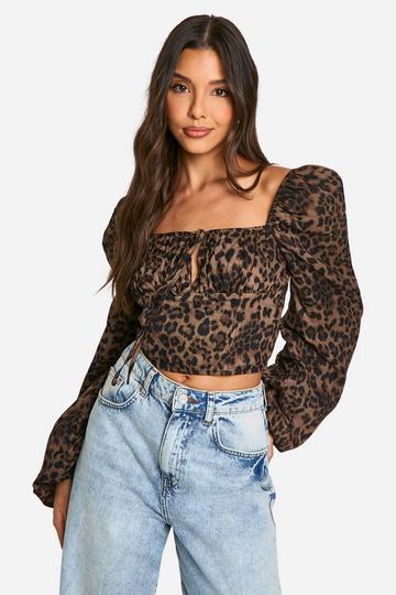 Multi Leopard Print Puff Sleeve Milkmaid Top