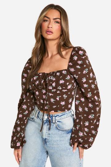 Ditsy Floral Print Puff Sleeve Milkmaid Top chocolate