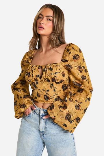 Mustard Yellow Floral Print Puff Sleeve Milkmaid Top