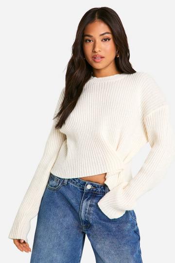 Ivory White Petite Ribbed Button Waist Detail Sweater