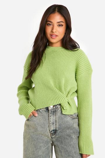 Green Petite Ribbed Button Waist Detail Jumper