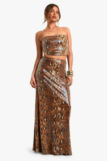 Sequin Snake Print Maxi Skirt brown