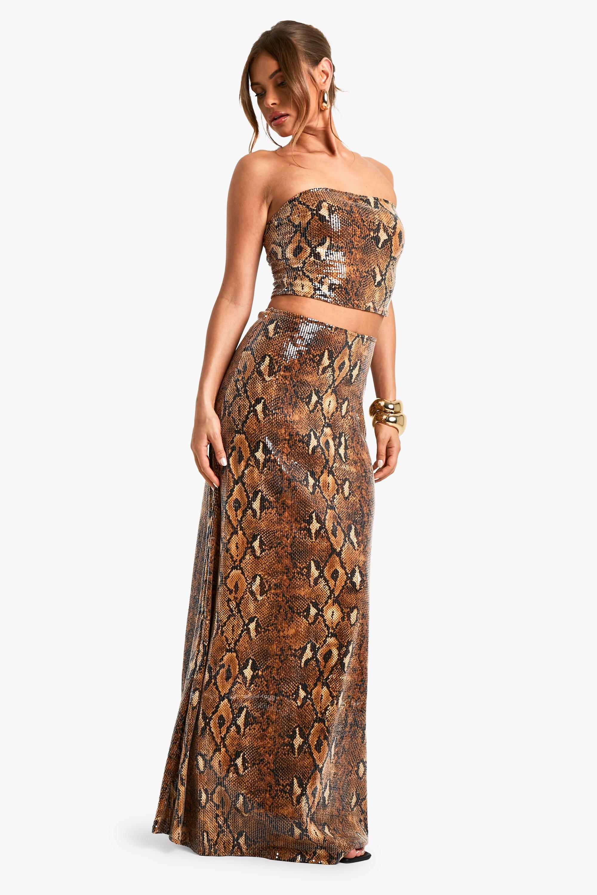 Sequin Snake Print Maxi Skirt boohoo CA