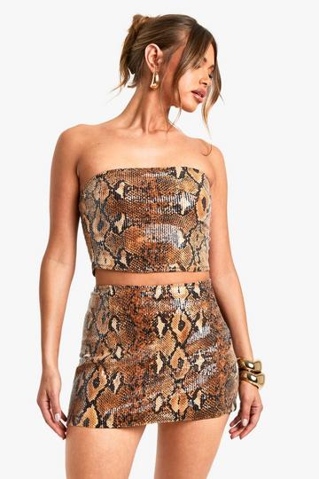 Sequin Snake Mini Skirt brown