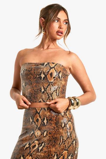 Long Line Slangenprint Bandeau Top Met Pailletten brown