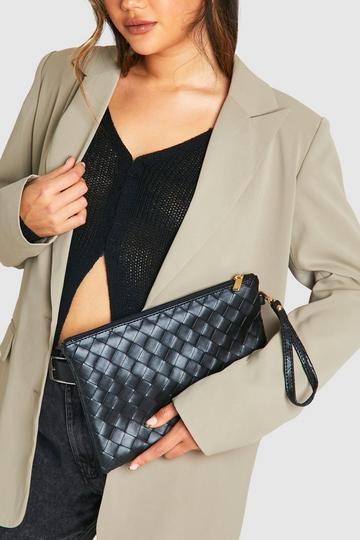 Black Woven Faux Leather Clutch Bag