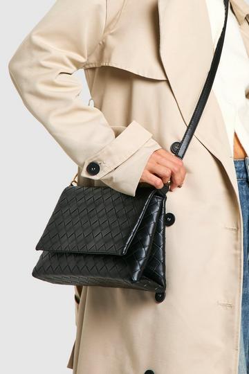 Black Woven Faux Leather Cross Body Bag