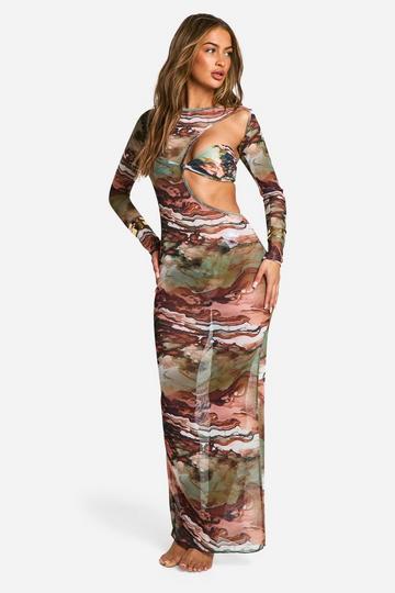 Mesh Marmerprint Maxi Strand Jurk khaki