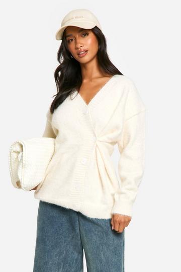 Petite Brushed Asymmetric Button Detail Cardigan ivory