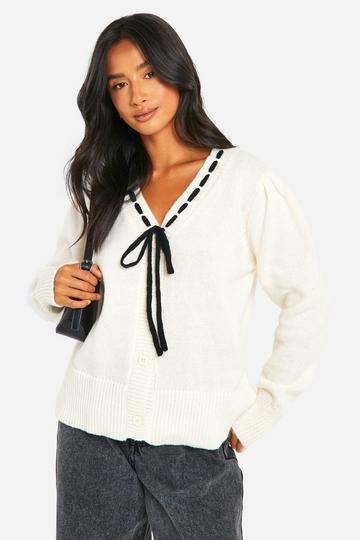 Petite Contrast Ribbon Knitted Cardigan ivory