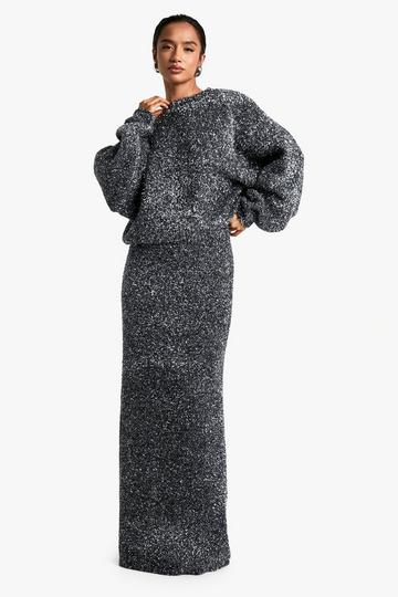 Petite Gebreide Trui Met Tinsel En Maxi Rok Set charcoal