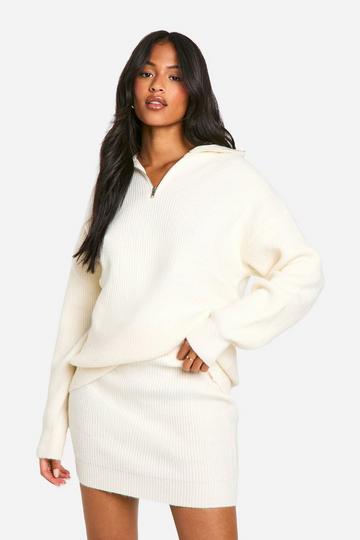 Cream White Tall Rib Knit Half Zip Jumper And Mini Skirt Co Ord