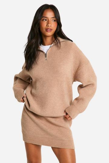 Petite Rib Knit Half Zip Jumper And Mini Skirt Co Ord sand