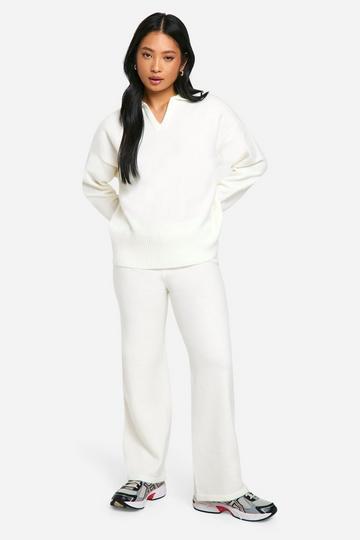 Petite Plain Cream Knitted Collared Jumper And Trouser Co Ord cream