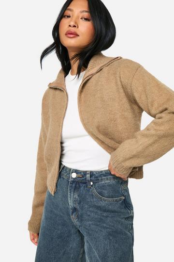 Petite Brushed Knit Zip Through Cardigan sand