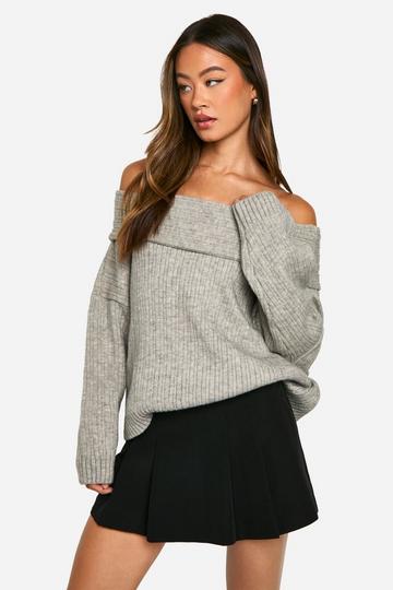 Grey Tall Ribbed Off The Shoulder Knitted Sweater