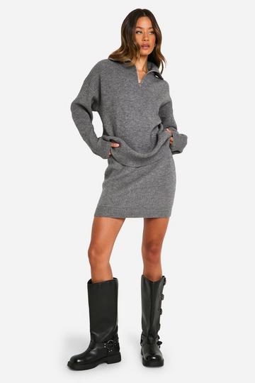 Tall Rib Knit Half Zip Jumper And Mini Skirt Co Ord charcoal