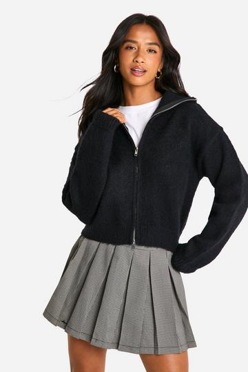 Black Petite Brushed Knit Zip Through Cardigan