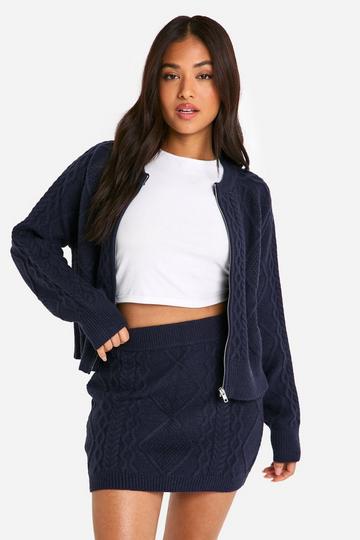 Petite Cable Knit Zip Through Cardigan And Mini Skirt Co-ord navy