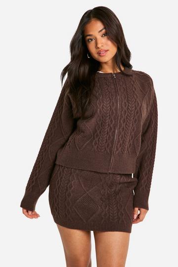 Petite Cable Knit Zip Through Cardigan And Mini Skirt Co-ord chocolate