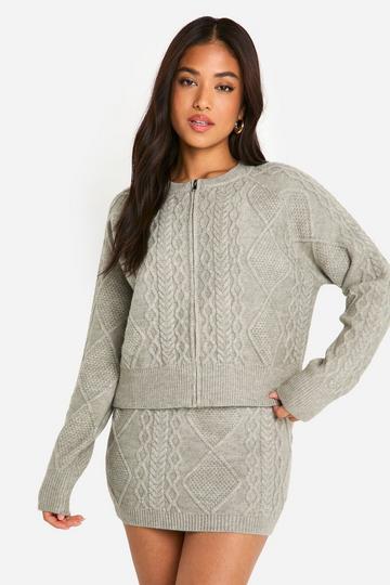 Petite Cable Knit Zip Through Cardigan And Mini Skirt Co-ord grey