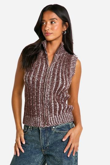 Petite Contrast Rib Sleeveless Zip Through Knitted Top chocolate