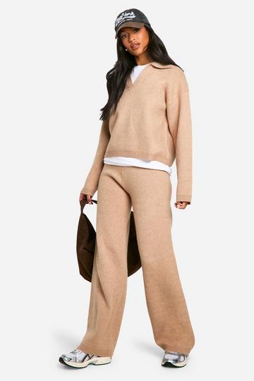 Sand Beige Tall Collared V Neck Jumper And Trouser Co Ord