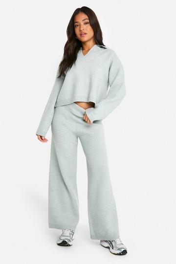 Petite Collared V Neck Jumper And Pants Co Ord grey