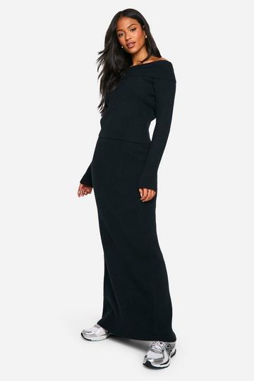 Tall Ribbed Asymetric Jumper And Maxi Skirt Co Ord black