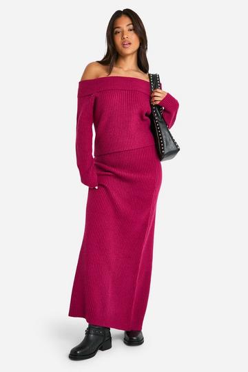 Burgundy Red Petite Ribbed Asymmetric Jumper And Maxi Skirt Co Ord