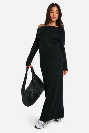 Black Petite Ribbed Asymmetric Jumper And Maxi Skirt Co Ord