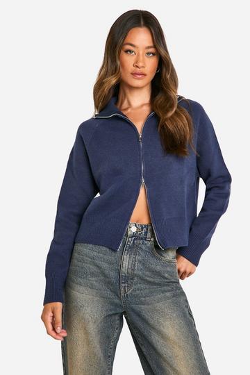 Tall Funnel Neck Zip Through Cardigan navy