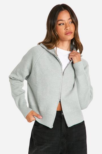 Tall Funnel Neck Zip Through Cardigan grey