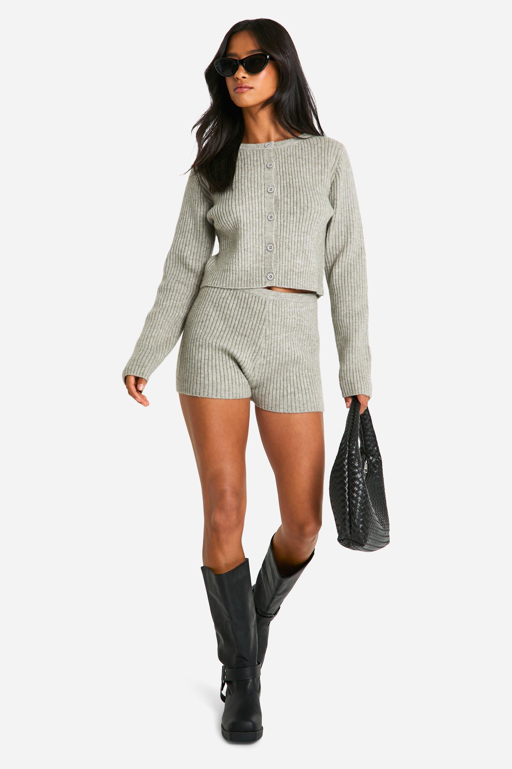 Petite Ribbed Cropped Cardigan And Micro Short Co Ord