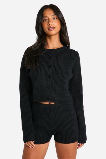 Petite Ribbed Cropped Cardigan And Micro Short Co Ord black