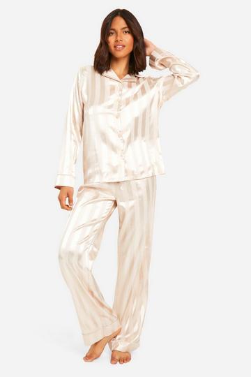 Jacquard Gestreepte Satijnen Pyjama Set Met Blouse cream