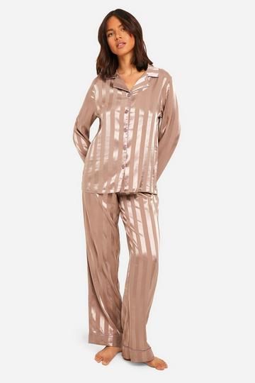 Jacquard Stripe Satin Trouser Pj Shirt Set choc brown