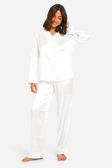 Zebra Jacquard Stripe Satin Trouser Pj Shirt Set white