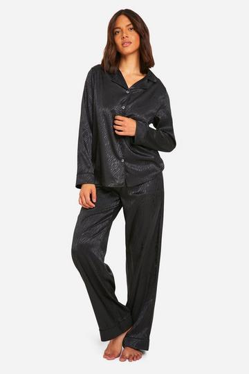 Zebra Jacquard Stripe Satin Trouser Pj Shirt Set black