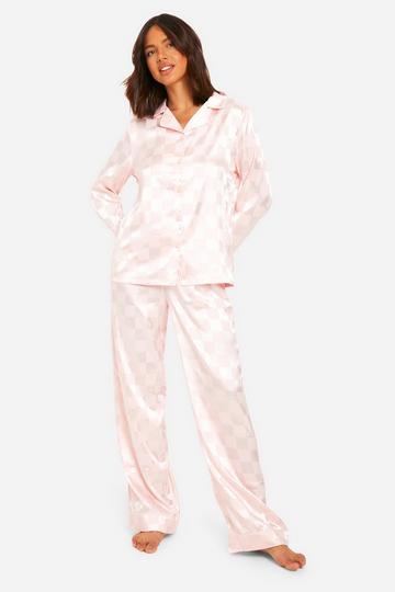 Geruite Jacquard Gestreepte Satijnen Pyjama Set pink