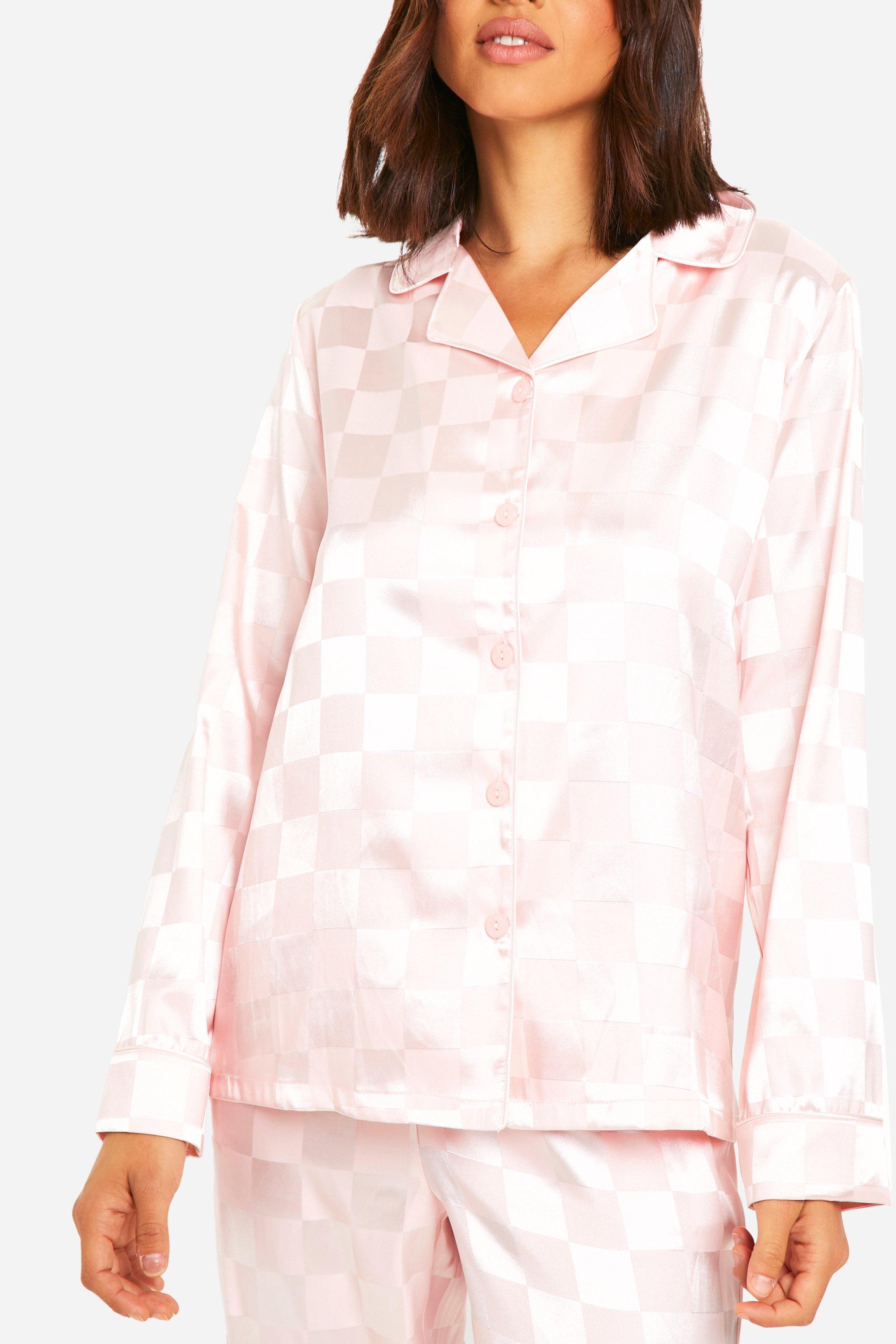 Checkerboard Jacquard Stripe Satin Pj Shirt Set