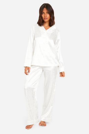 Leopard Jacquard Stripe Satin Pants Pj Shirt Set white