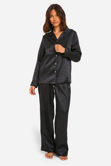 Leopard Jacquard Stripe Satin Trouser Pj Shirt Set black